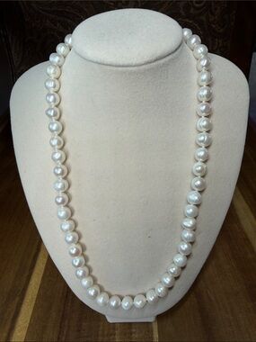 Freshwater Pearl Strand Necklace - Elegant White 18”/925 Silver Clasp- 7mm-8mm